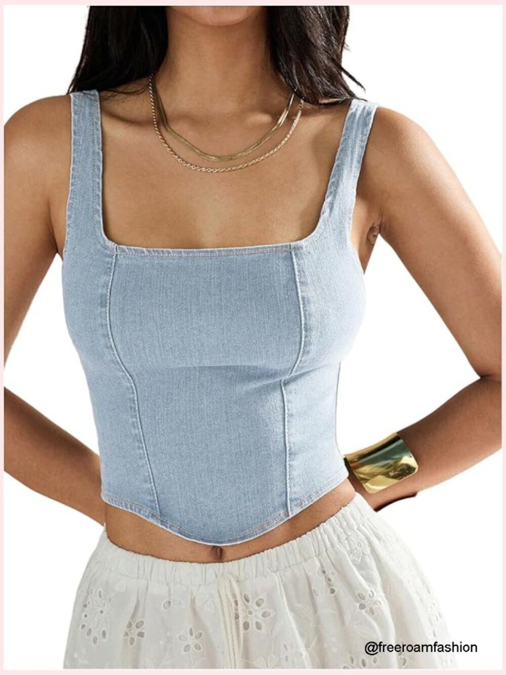 Square Neck Sleeveless Corset Denim Top Zip Back Asymmetrical Hem